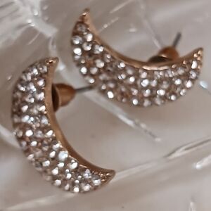 NWOT Rhinestone Moon Earrings, Gold Settings And Backs